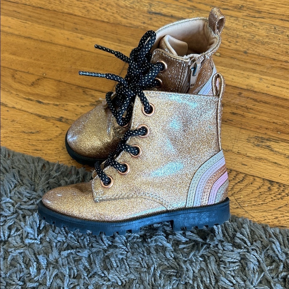 SELF ESTEEM Sparkly Gold Toddler Combat Boots with Black Laces Size 8